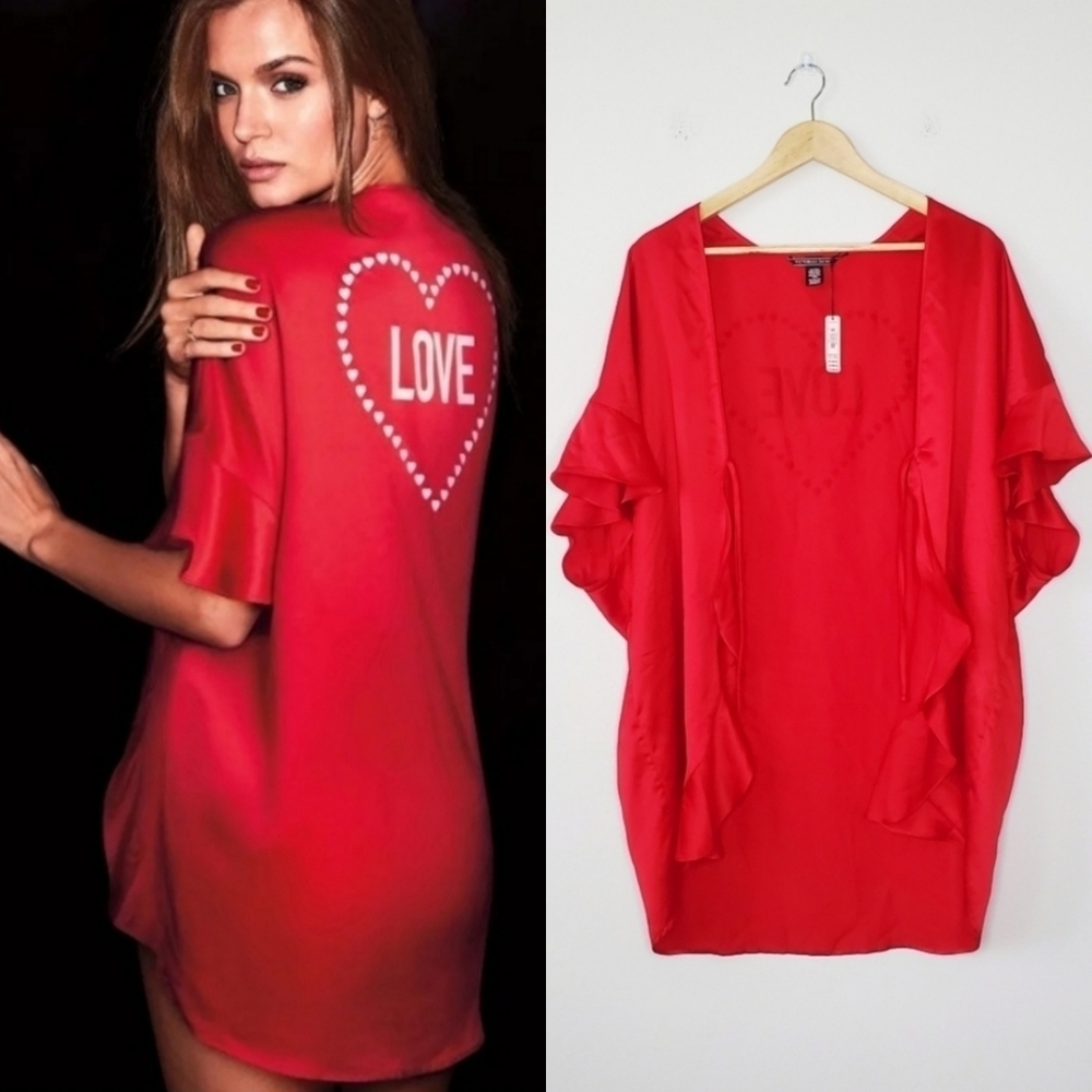 NWT Victoria's Secret Red Satin Ruffle Kimono Robe, One Size